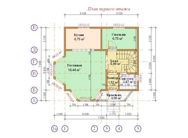 План 1 этажа дома с эркером из бруса 7 на 7
