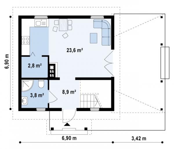 Планировка 1 этажа дома с террасой 7 на 7