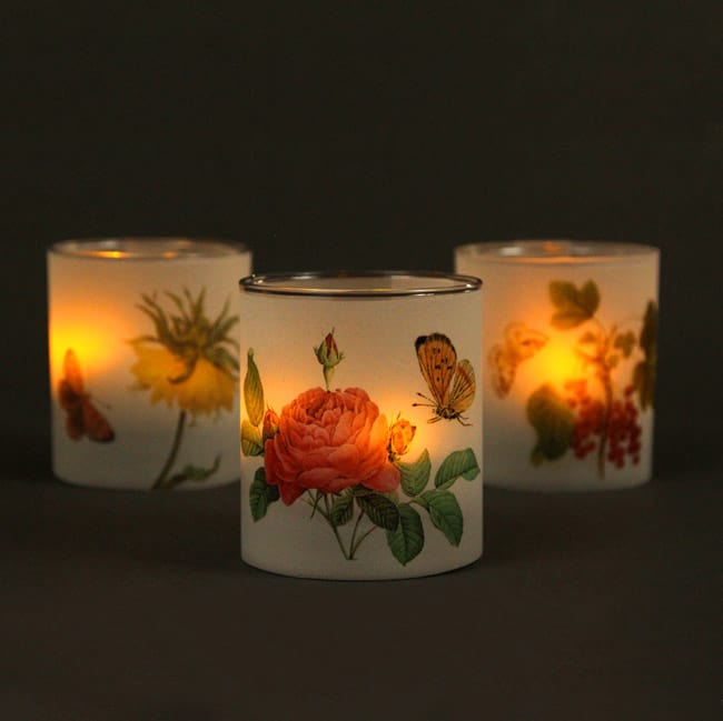 Make a set of 4 lovely butterfly and flower candle holders in minutes! Download free vintage illustrations to make your own beautiful frosted luminaries!