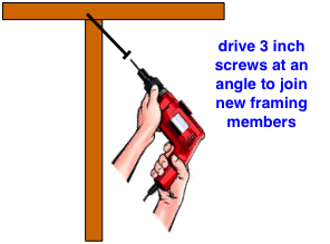 drawing demonstrating how to install a new stud by toe nailing