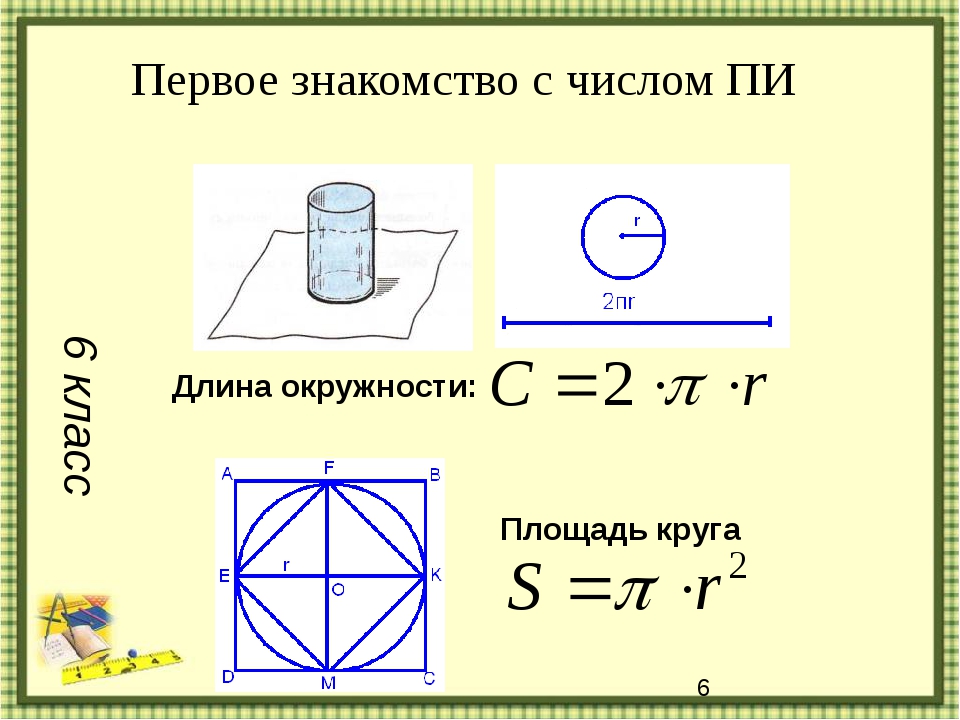 Пи диаметр. Число пи и площадь круга. Формулы с числом пи 6 класс. Формула вычисления числа пи. Число пи формула окружности.