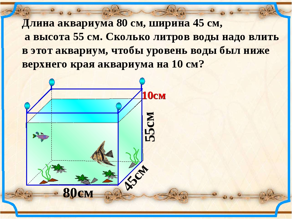 Куб поместили в воду. Аквариум длина ширина высота. Аквариум 80 см длина. Ширина длина аквариума. Объем аквариума в литрах.