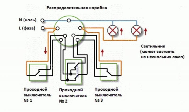 Схема расключения: Подробная схема подключения проходного выключателя .