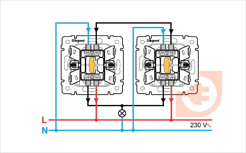 Схема подключения проходных выключателей из 2 х