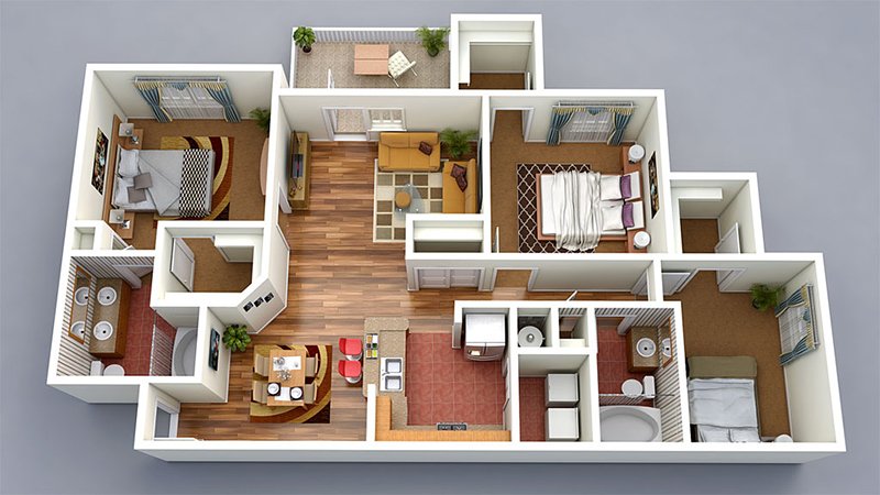 3 Bedroom House Floor Plan 3D