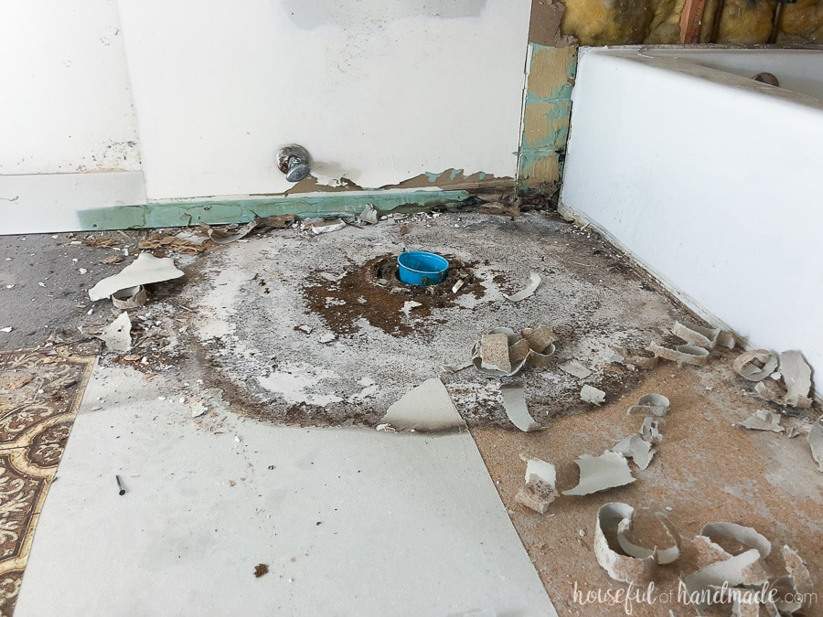 Under the linoleum we found water damage on the subfloor. Yikes!