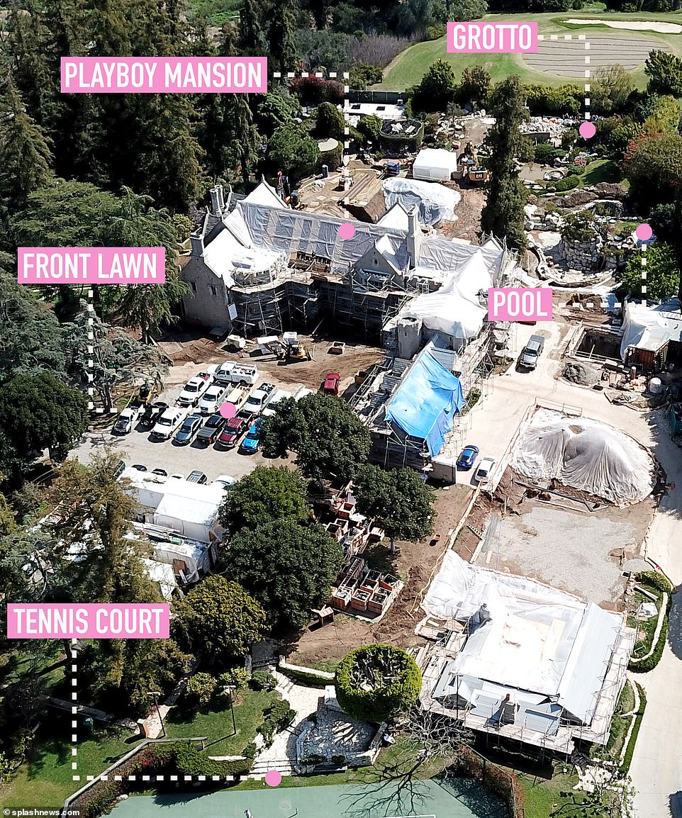Pictures taken earlier this year showed that work had begun on the iconic Playboy mansion with plastic sheeting having been placed over a section of the roof