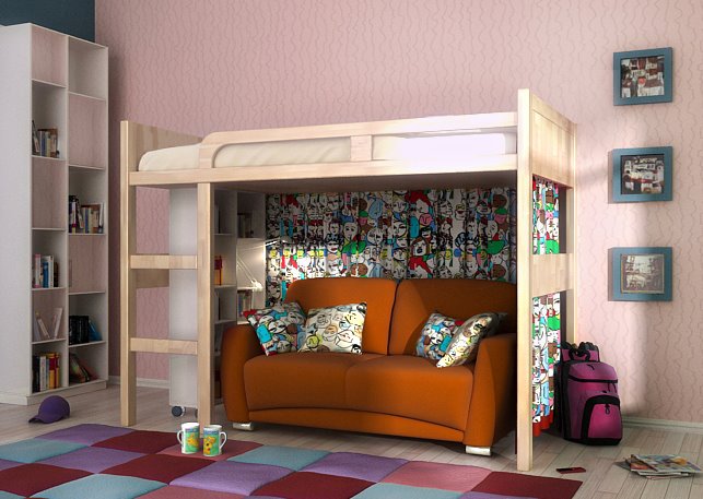 Кровать-чердак с прямым диваном внизу в интерьере детской комнаты
