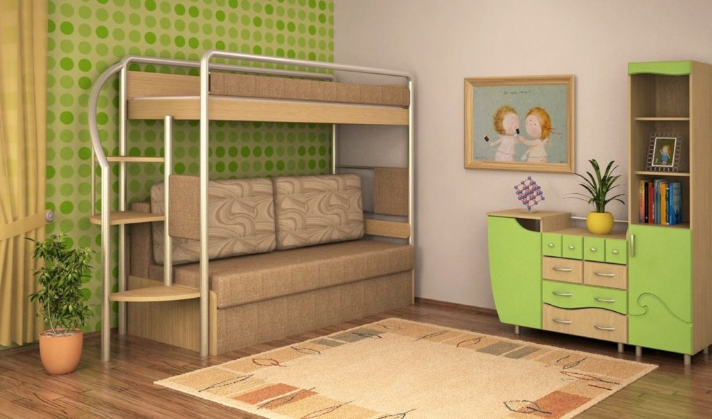 Фото детской комнаты с двухъярусной кроватью с диваном в интерьере 
