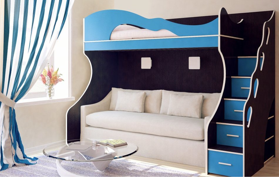 Двухъярусная кровать с прямым раскладным диваном для сна внизу