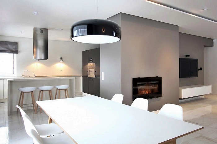 Дизайн белой кухни-гостиной_минимализм