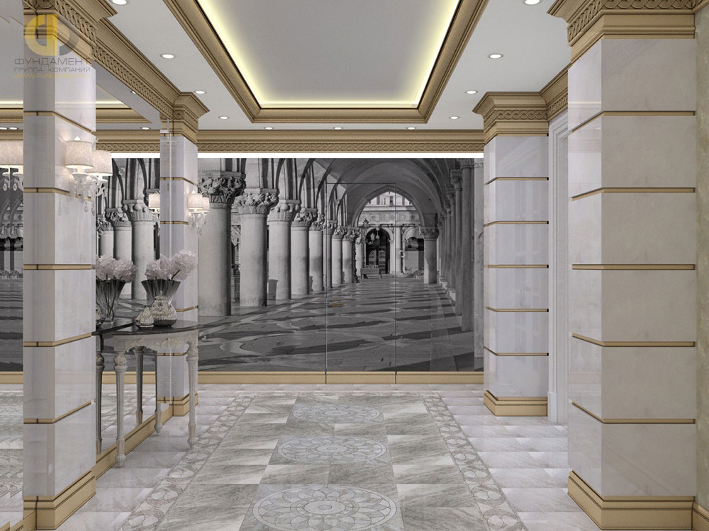 Интерьер холла в серых тонах в классическом стиле. Фото 2018 