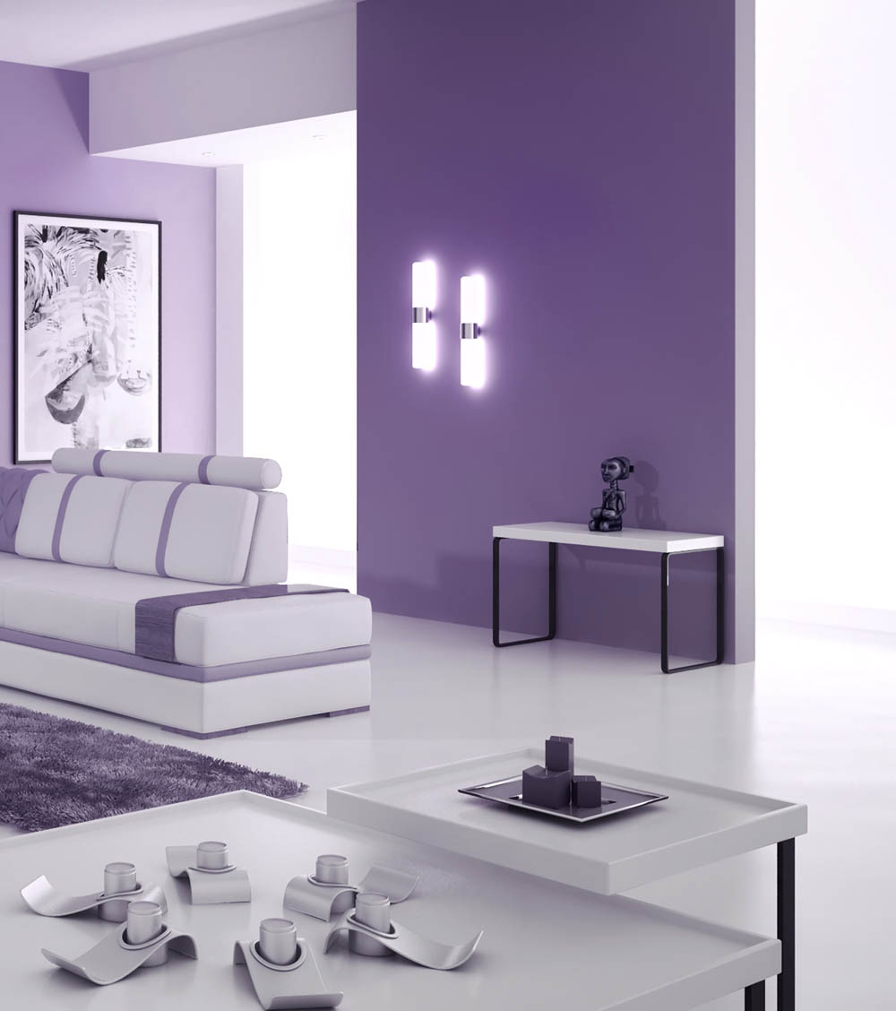 Фиолетовые стеклообои в гостиной