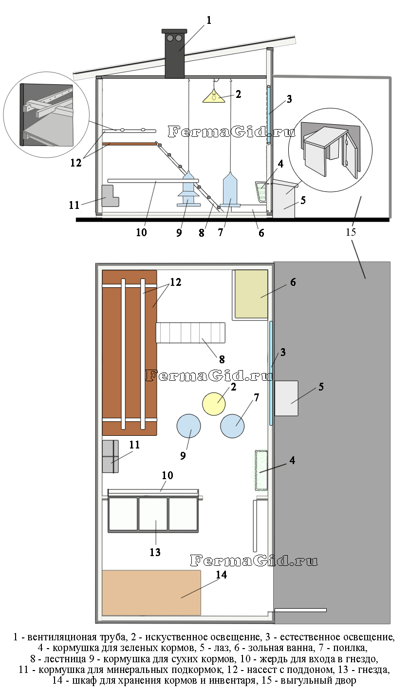 Схема обустройства курятника внутри