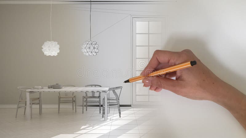 Architect interior designer concept: hand drawing a design interior project while the space becomes real, classic kitchen with woo. Den and beige details, dining royalty free stock images