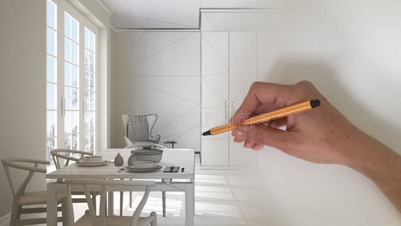 Architect interior designer concept: hand drawing a design interior project while the space becomes real, classic kitchen with. Dining table laid for two and stock photo