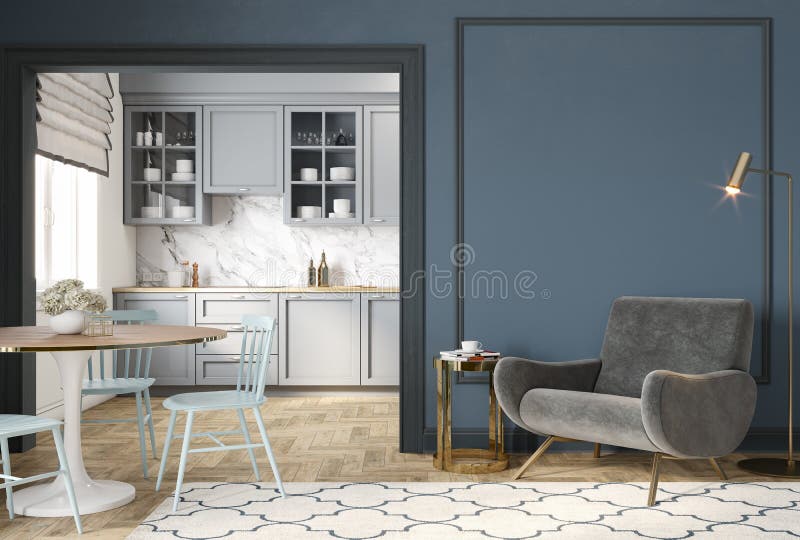 Modern classic blue gray interior with lounge chair, armchair, kitchen, dining table, carpet, floor lamp and mouldings. 3d render illustration mock up stock photography
