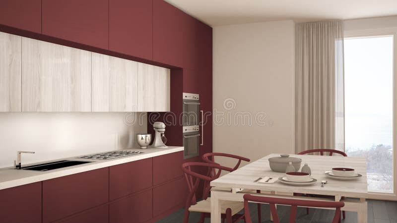 Modern minimal red kitchen with wooden floor, classic interior d. Esign stock image