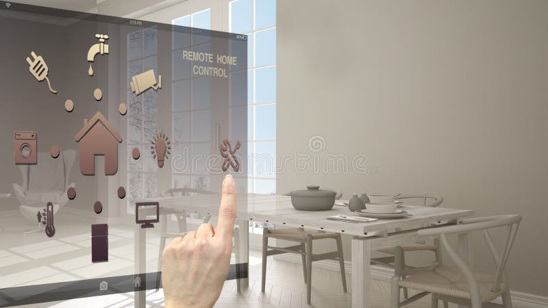 Smart home control concept, hand controlling digital interface from mobile app. Background showing classic kitchen with dining tab. Le laid for two, architecture stock photography