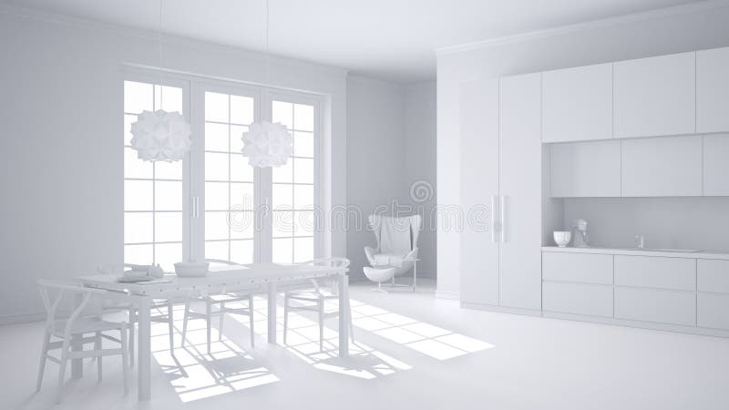 Total white project of classic white kitchen with wooden and beige details, dining table laid for two, with chairs and pendant lam. Ps, minimalistic and modern stock image