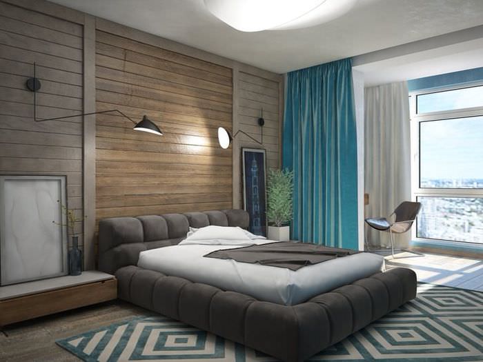 Интерьер спальни с отделкой стен имитацией бруса